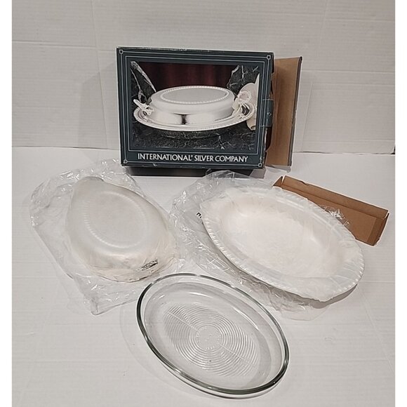 new Vintage 3 piece Silverplated vegetable Serving dish tray + PYREX glass liner - Picture 2 of 8